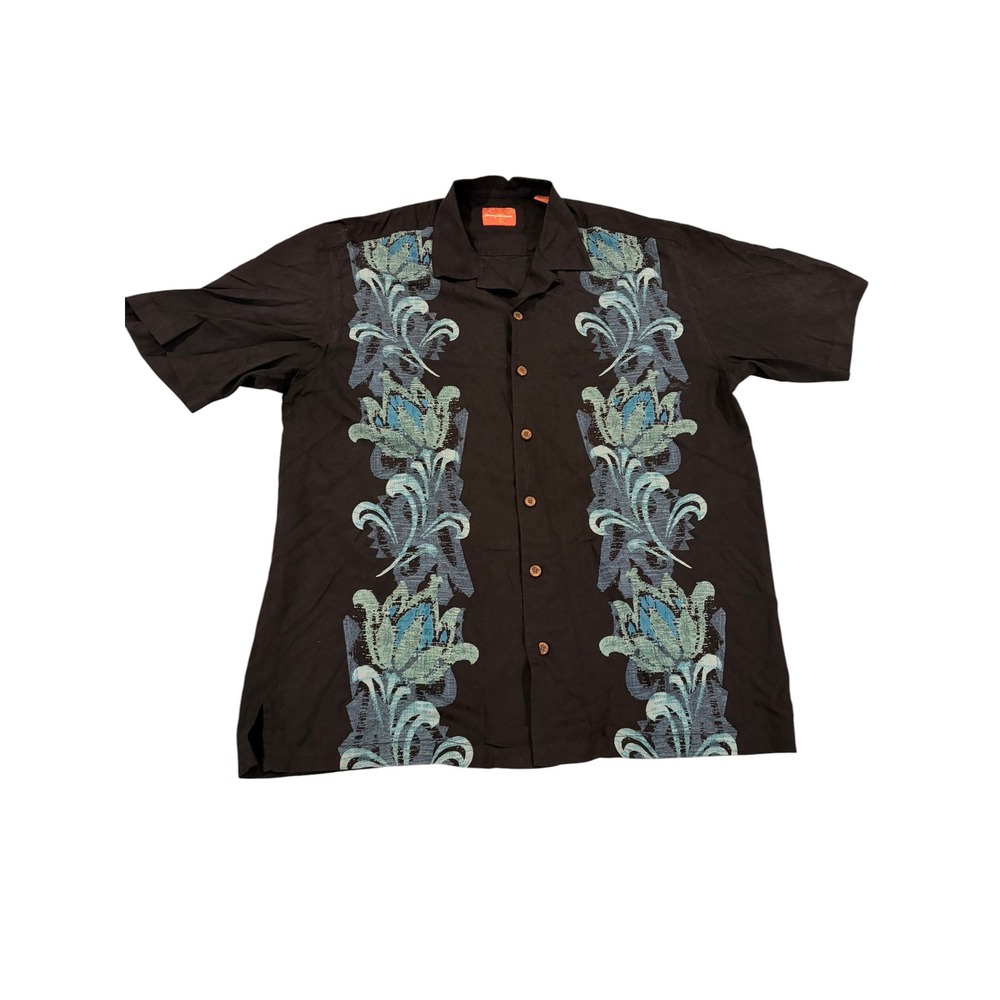 Tommy Bahama Mens Large Silk Button Down Shirt Black Blue Floral Camp Hawaiian